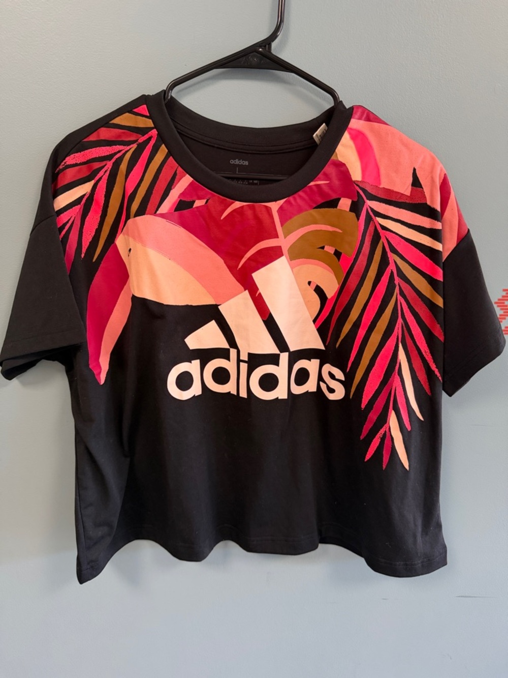 adidas Black Crop Tee with Pink and Coral Leaf Print